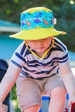 Load image into Gallery viewer, Sunsafe hat (yellow and aqua) - Daring Dinosaurs
